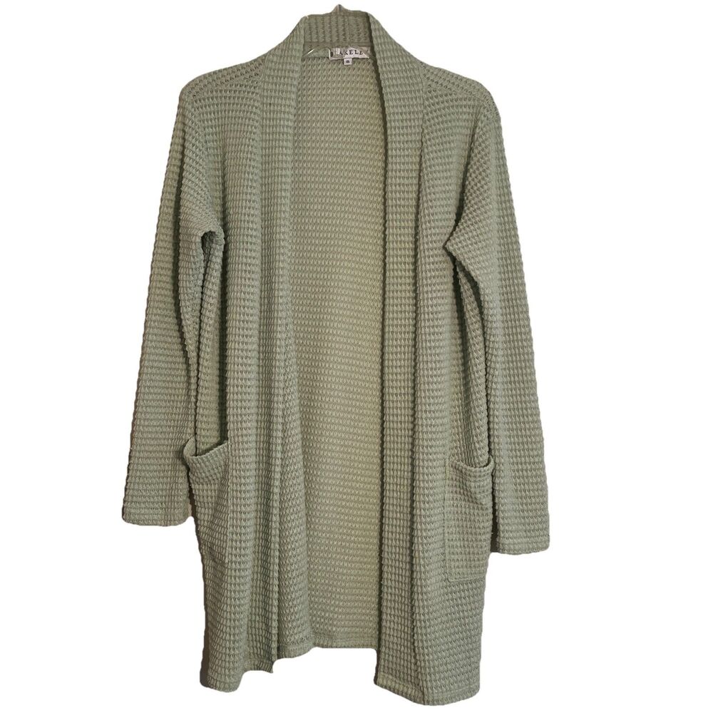 Blakely Cardigan Women’s Sweater One Size Light Green Open Waffle Knit Pockets